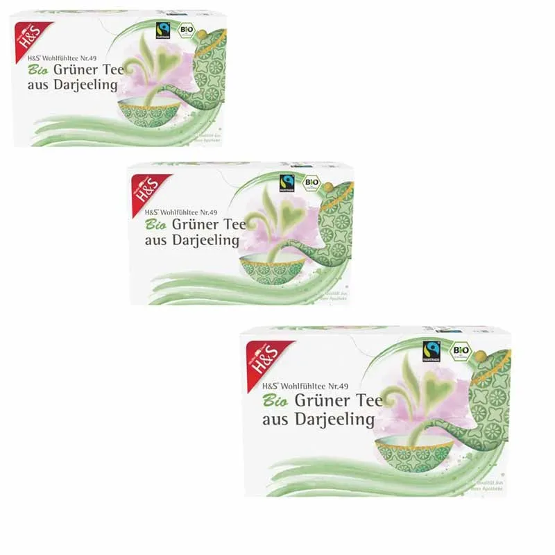 H&S Wohlfühltee Bio Grüner Tee aus Darjeeling 3er Set 3X20X2,0 St Filterbeutel