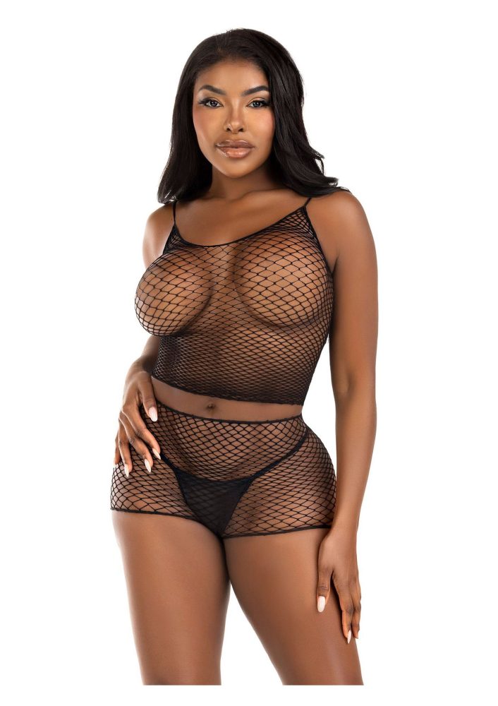 Twist Net Tank Top and Boyshorts Black