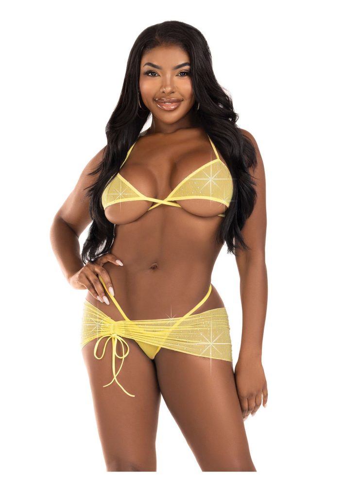 Rhinestone Bra Top String and Sarong Yellow