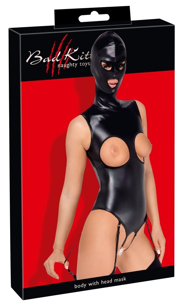 Body ouvert mit angenähter Kopfmaske und abnehmbaren Strapsen