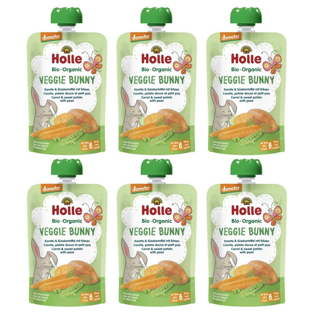 Holle Veggie Bunny Pouchy Karotte Süsskartoffel Erbsen 6x 100 g