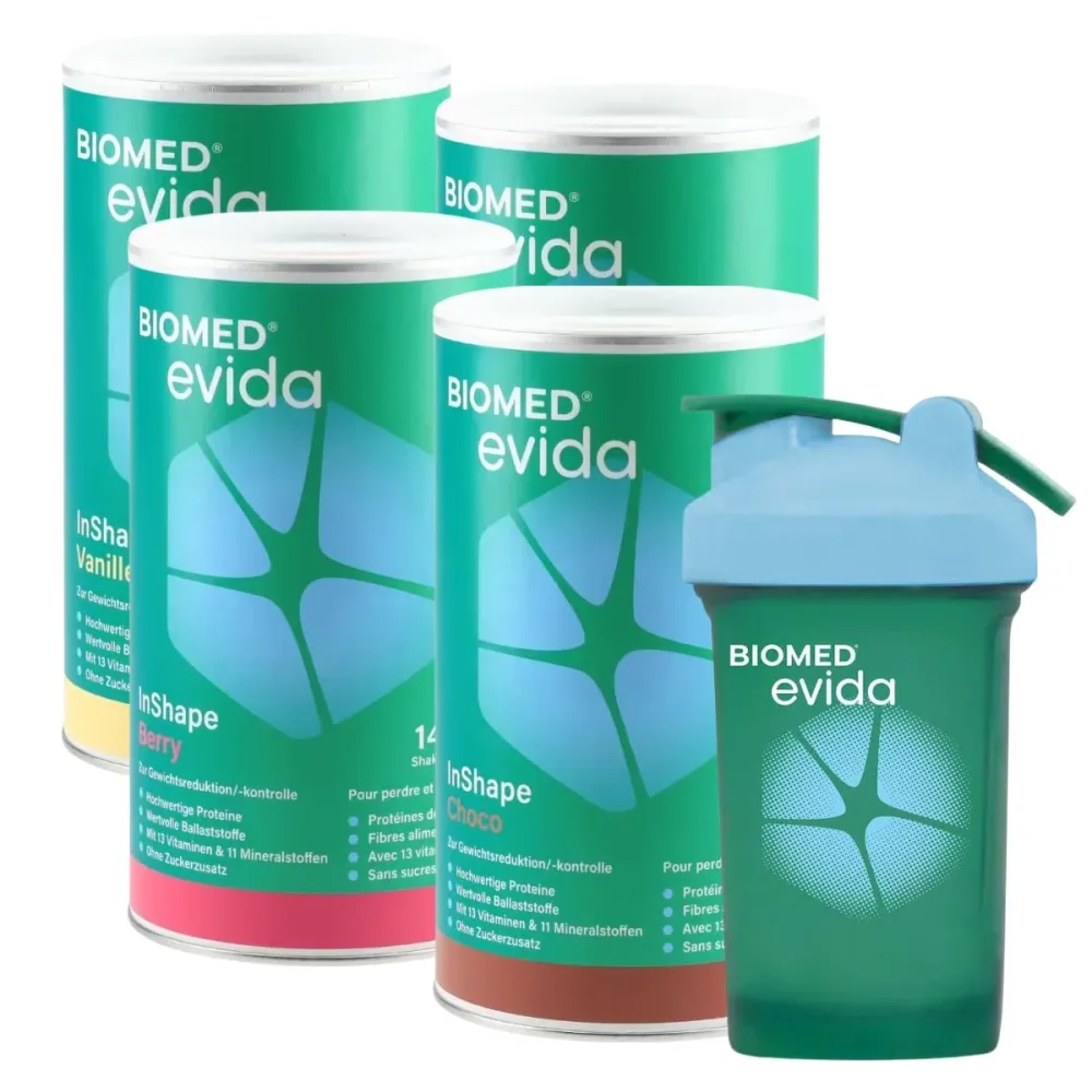 Biomed Evida InShape 4er Kombi alle Sorten mit Shaker