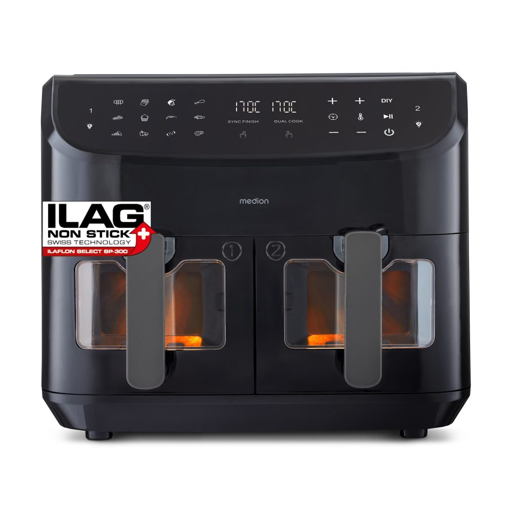 MEDION LIFE P20 XXL Twin Doppelzonen-Heißluftfritteuse MD 11760 schwarz, 100 Rezepte in der Life+ App, 2 separate Garzonen, 9 Automatikprogramme, 8,7 L Gesamt-Nutzinhalt, 2.600 Watt, Temperatur einstellbar bis 200 °C