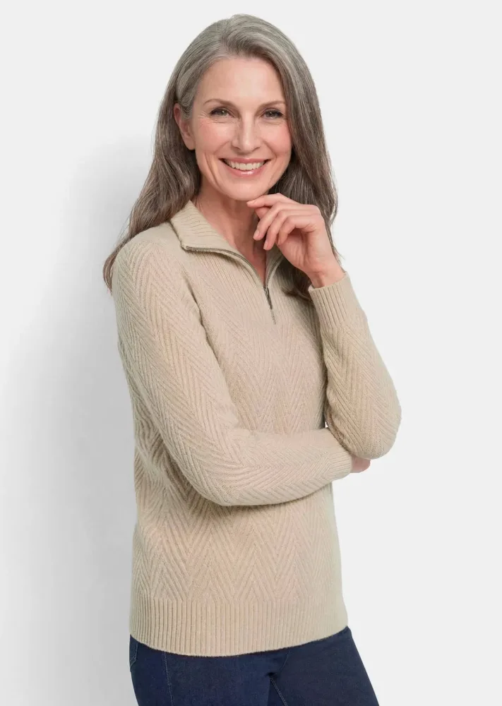 Strickpullover mit Troyer-Kragen - beige - Gr. 50 von Goldner Fashion