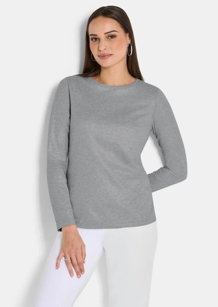 Langarmshirt aus reiner Baumwolle - silberfarben / méliert - Gr. 54 von Goldner Fashion