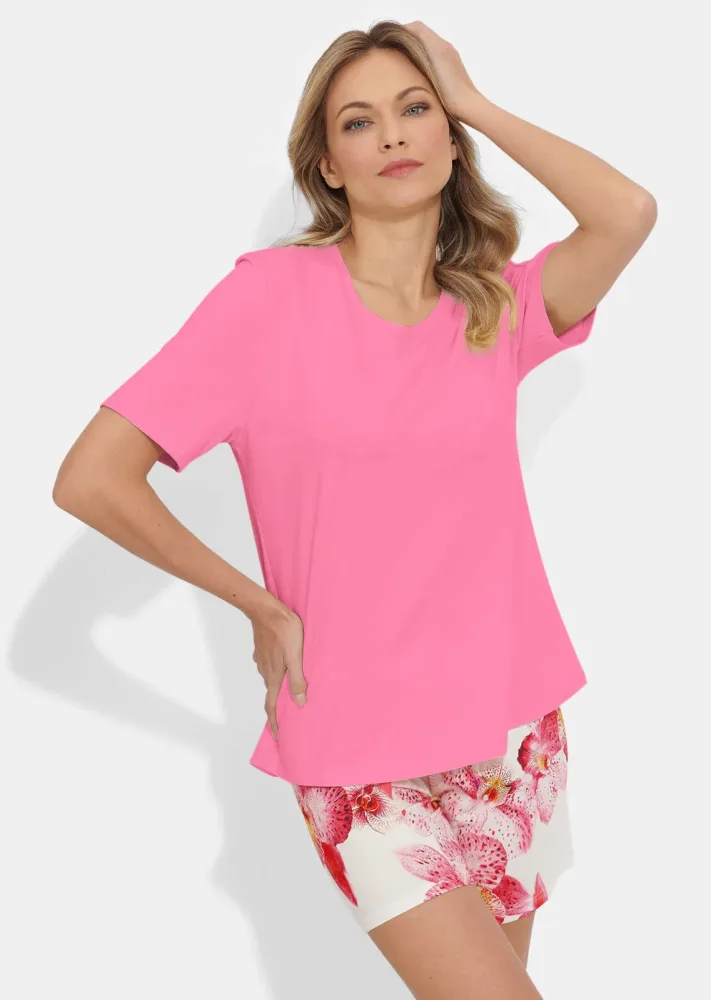 Shorty-Set mit Blütendruck - pink / cremeweiss - Gr. 48 von Goldner Fashion