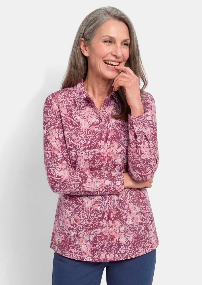Hemdbluse aus reiner Baumwolle - bordeaux / gemustert - Gr. 22 von Goldner Fashion