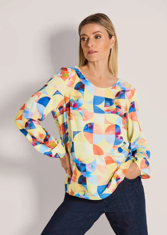 Bluse aus reiner Viskose - gelb / blau / gemustert - Gr. 20 von Goldner Fashion