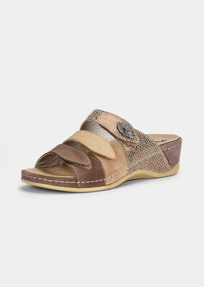 Leder-Pantoletten mit Memory-Fussbett - beige / gemustert - Gr. 39 von Goldner Fashion