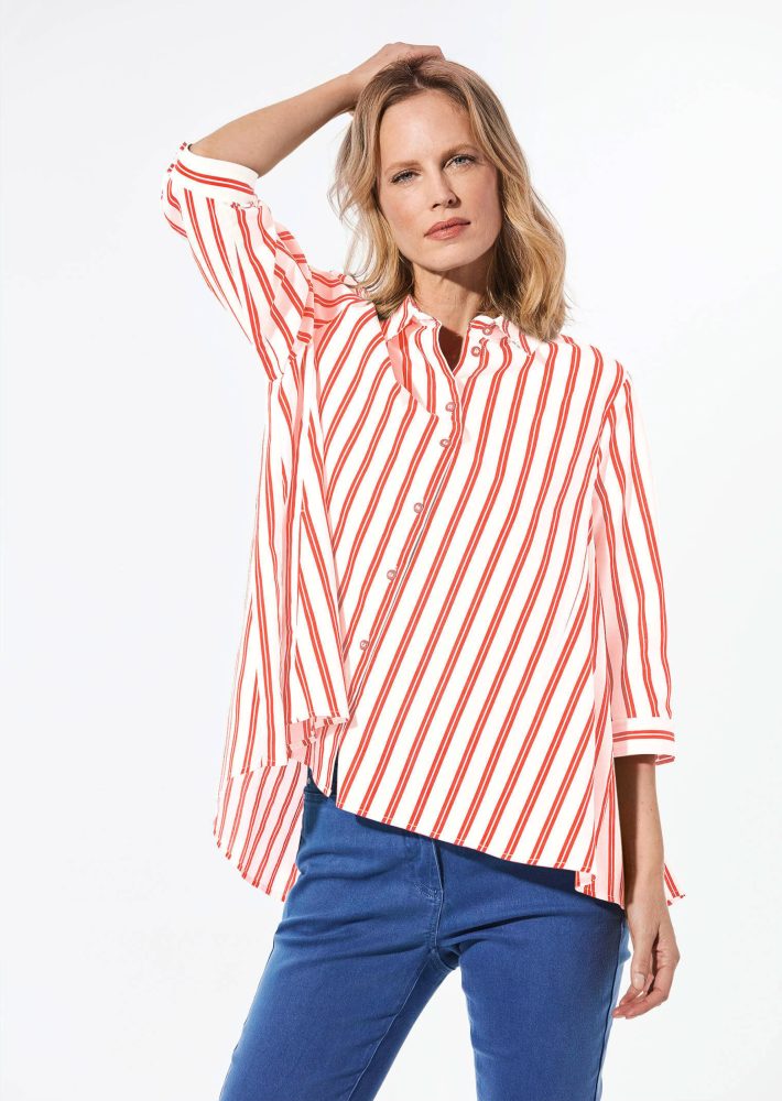 Schlichte Baumwoll-Bluse mit 3/4-Arm - weiss / rot / gestreift - Gr. 21 von Goldner Fashion