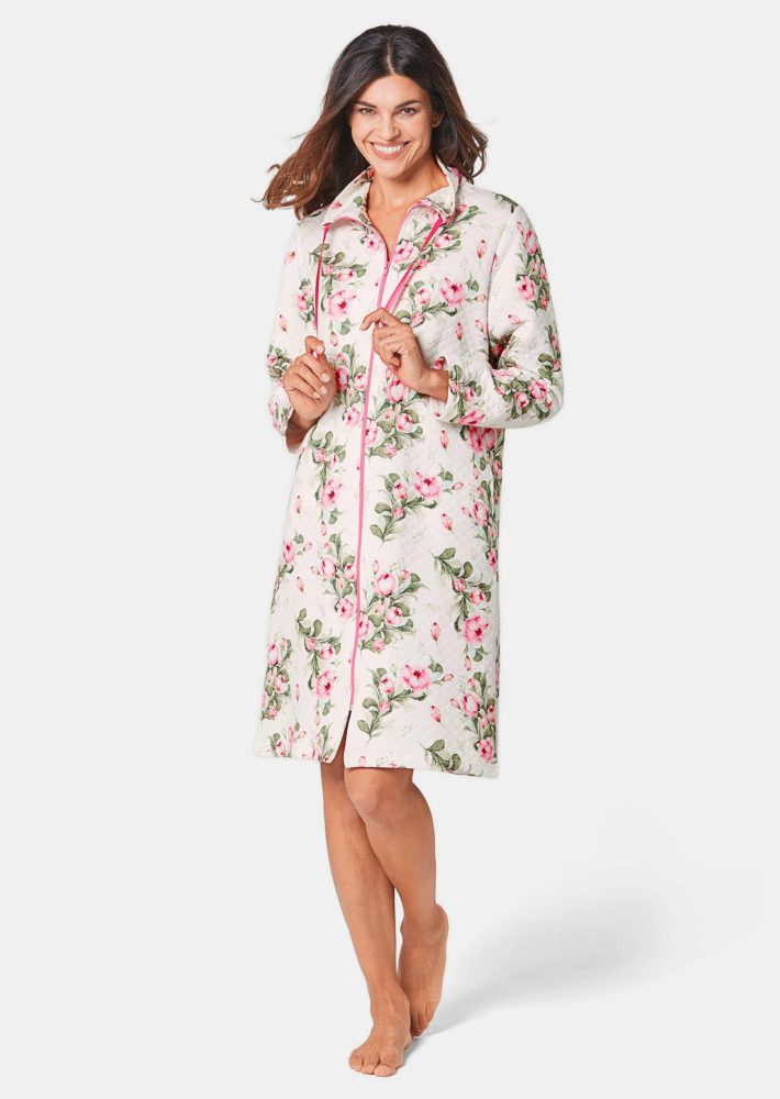Hausmantel in Steppoptik mit Reissverschluss - weiss / rosé / salbei / gemustert - Gr. 18/19 von Goldner Fashion