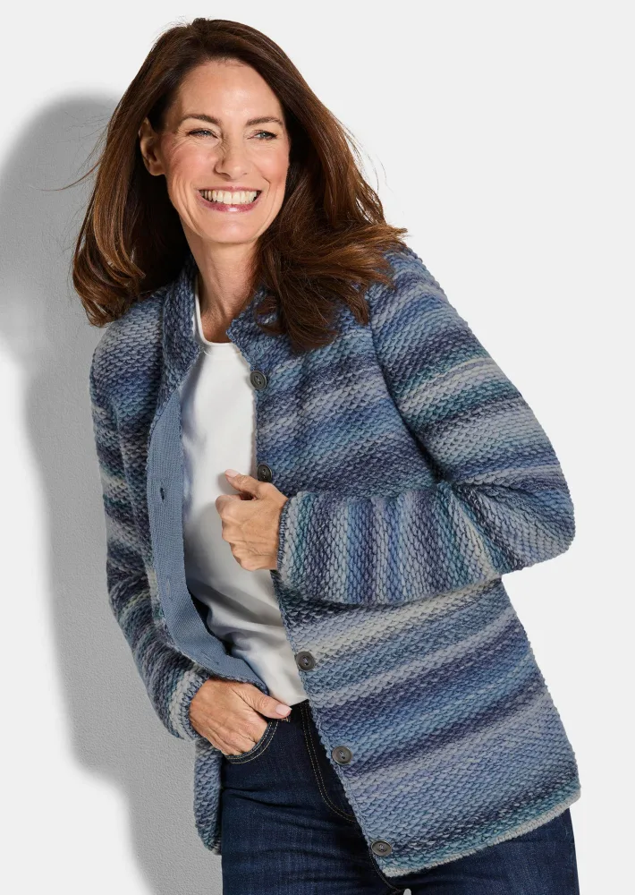 Strickjacke mit Multicolor Ringeloptik - blau / hellblau / gemustert - Gr. 19 von Goldner Fashion