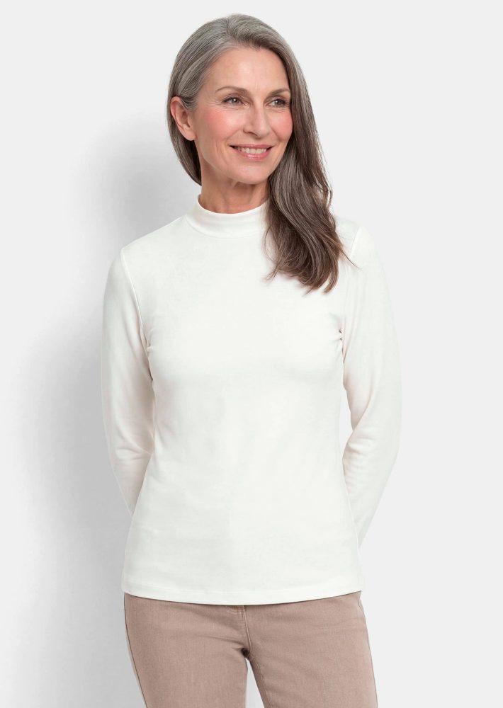 Langarmshirt mit Stehkragen aus Baumwolle - cremeweiss - Gr. 38 von Goldner Fashion