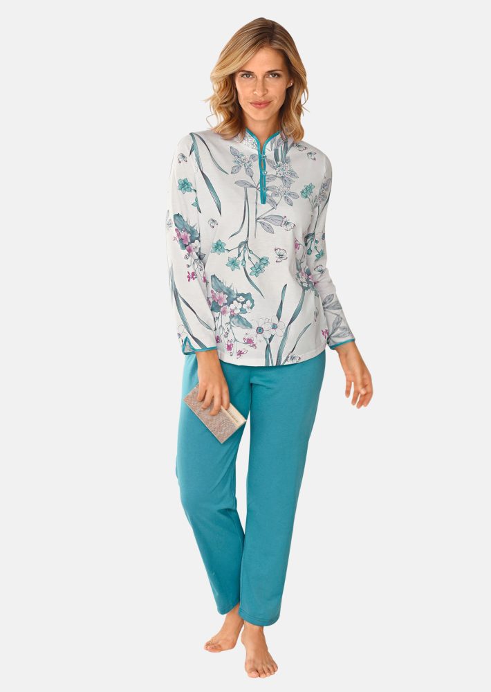 Baumwoll-Pyjama mit Knopfleiste - weiss / smaragd / rosé - Gr. 24/25 von Goldner Fashion