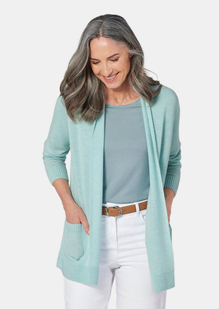 Strickjacke aus Merinowolle - graugrün / méliert - Gr. 22 von Goldner Fashion