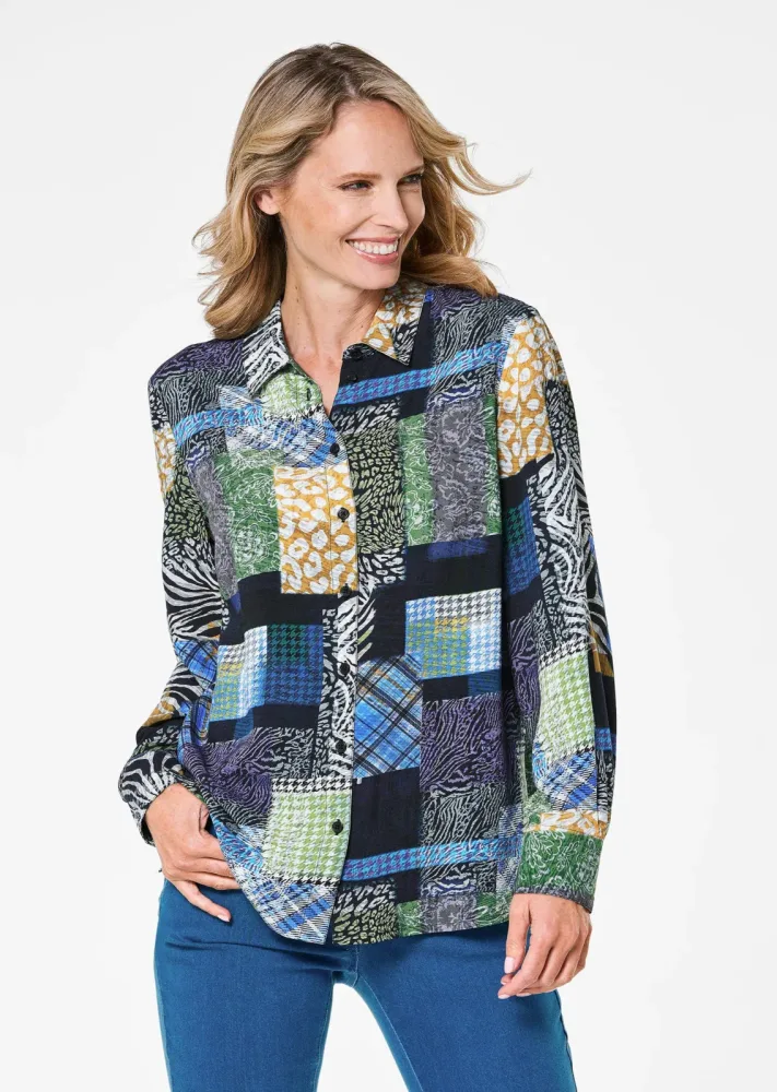 Druckbluse mit Patchmuster - marine / gemustert - Gr. 21 von Goldner Fashion