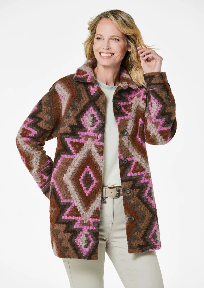 Ethno Hemdjacke mit Wollanteil - braun / pink / gemustert - Gr. 50 von Goldner Fashion
