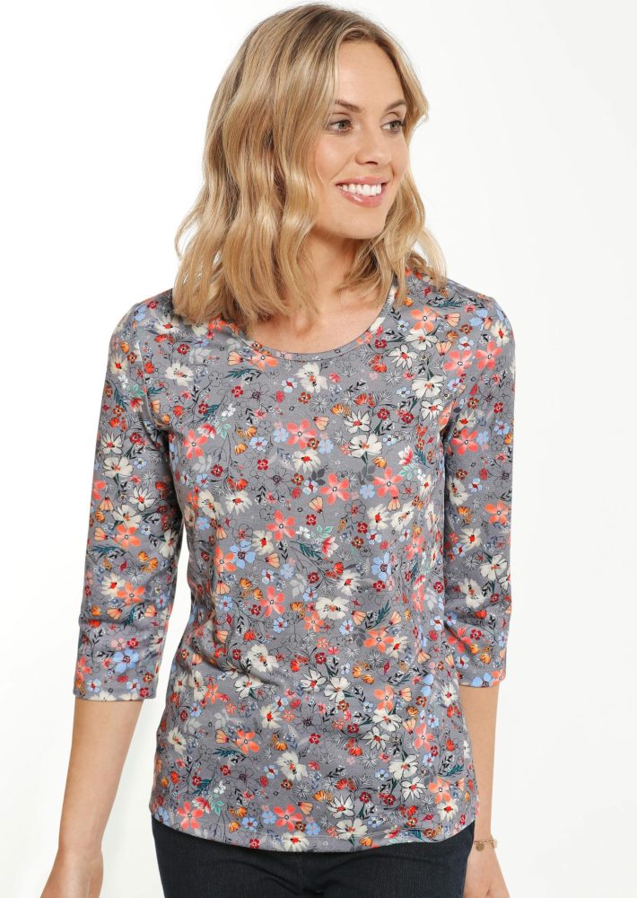 Raffiniertes Druckshirt mit 3/4-Arm - grau / bunt - Gr. 21 von Goldner Fashion