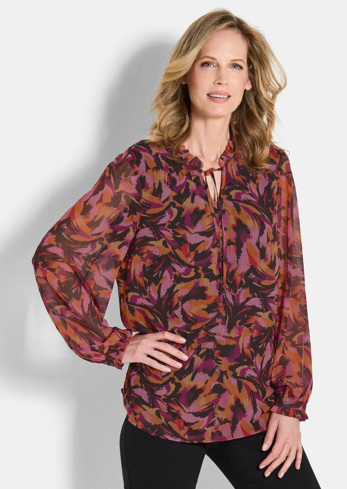 Chiffon-Bluse mit semitransparenten Ärmeln - rot / gemustert - Gr. 22 von Goldner Fashion