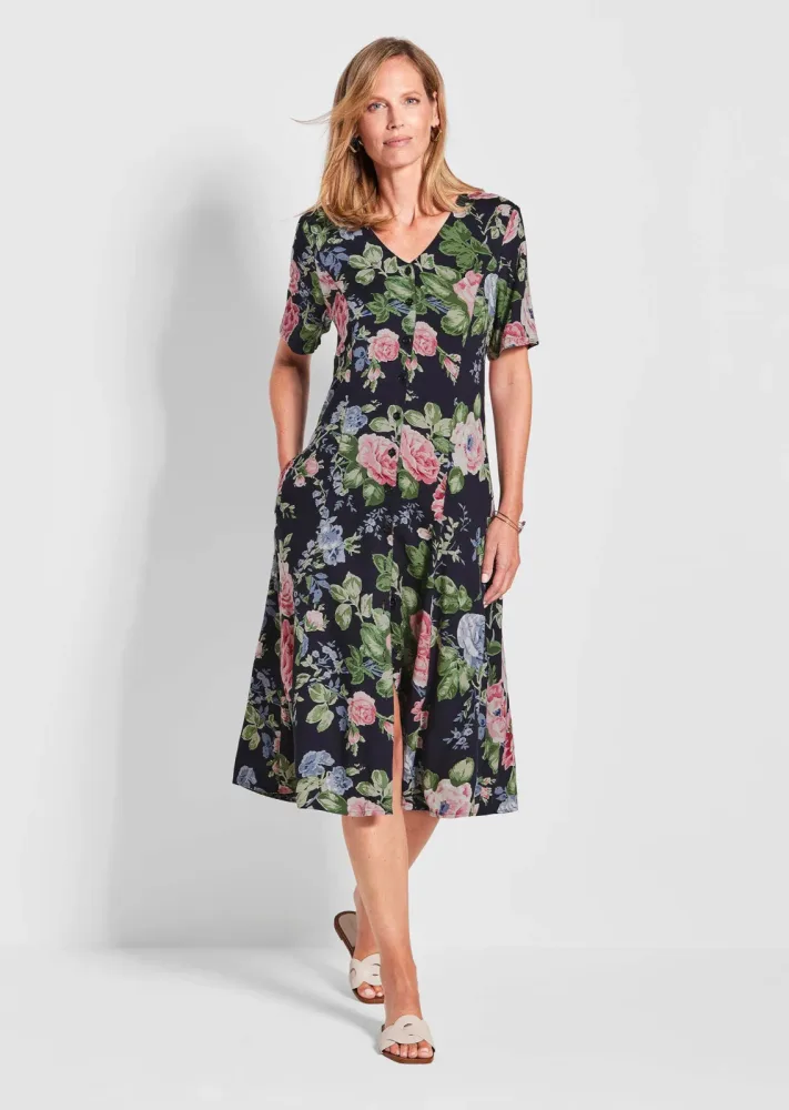 Romantisches Kleid mit floralem Alloverdruck - marine / gemustert - Gr. 21 von Goldner Fashion