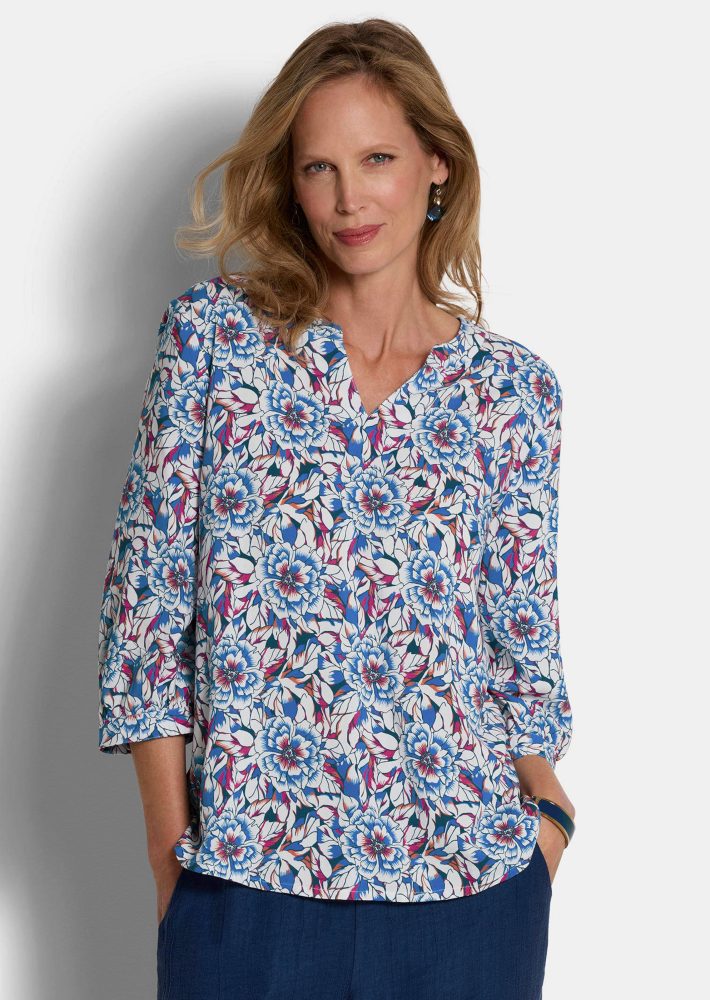 Viskose-Bluse mit Blumenmuster - blau / gemustert - Gr. 23 von Goldner Fashion