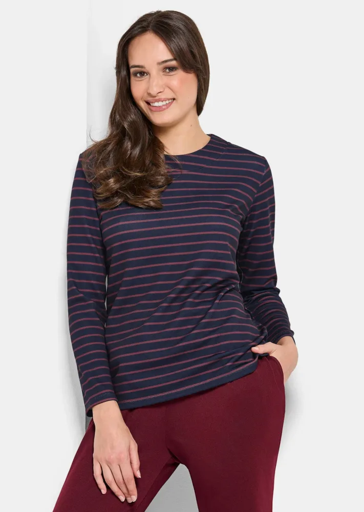 Pflegeleichtes Ringelshirt mit Rundhals - bordeaux / marine / gestreift - Gr. 54 von Goldner Fashion