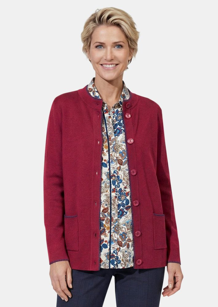 Longstrickjacke mit kontrastfarbenen Zierkanten - dunkelrot - Gr. 21 von Goldner Fashion