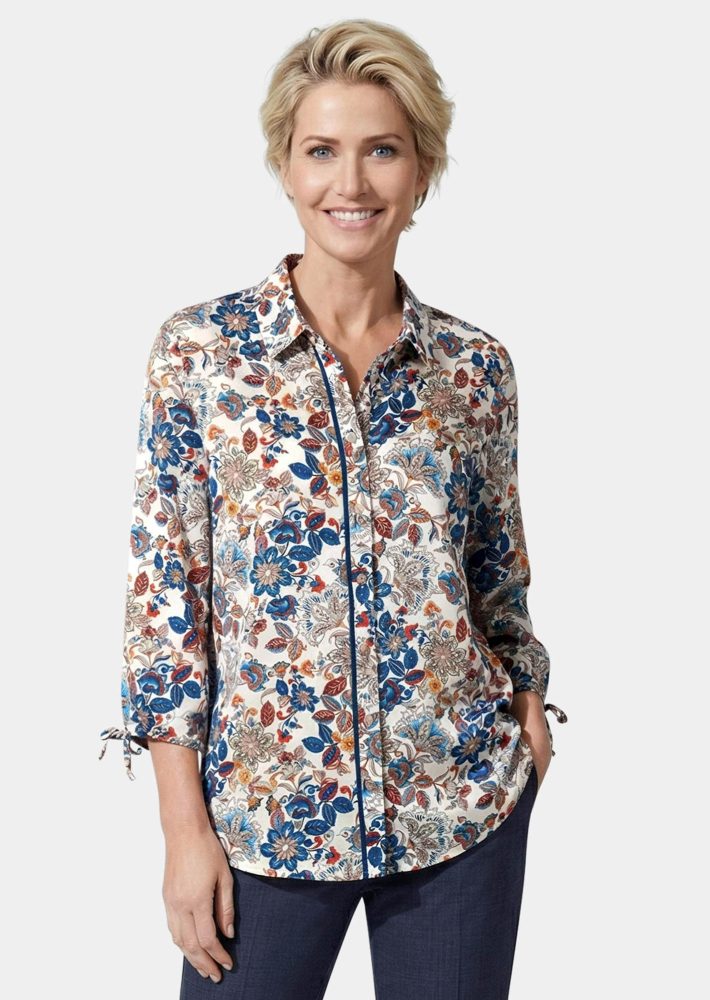 Trageangenehme Druckbluse aus Viskose - weiss / blau / geblümt - Gr. 19 von Goldner Fashion