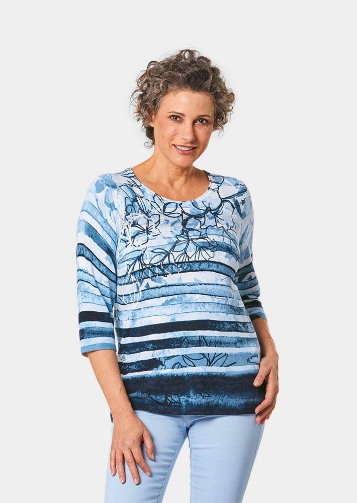 Unkomplizierter Druckpullover mit schimmernden Schmucksteinen - blau / gemustert - Gr. 20 von Goldner Fashion