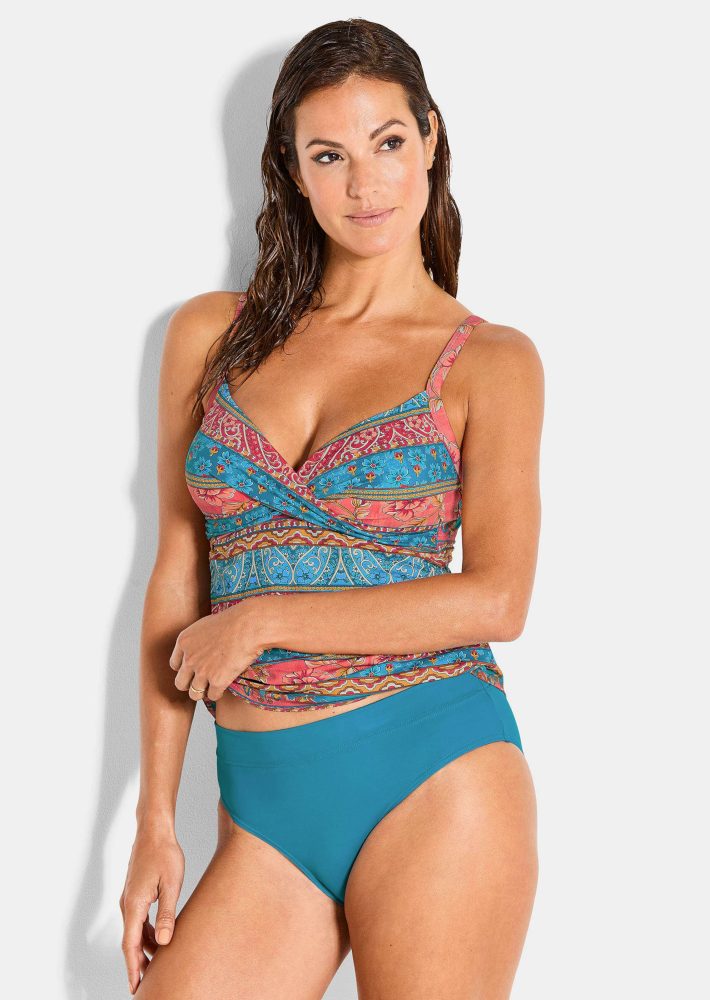 Tankini in femininer Wickel-Optik - türkis / orange / gemustert - Gr. 38 D von Goldner Fashion