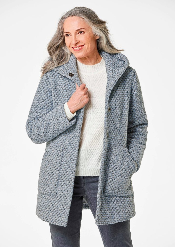 Kurzmantel mit Wollanteil in Bicolor-Optik - hellblau / grau / gemustert - Gr. 24 von Goldner Fashion