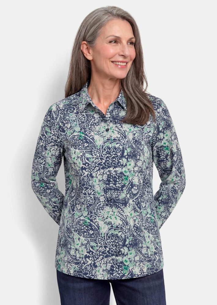 Hemdbluse aus reiner Baumwolle - marine / gemustert - Gr. 46 von Goldner Fashion