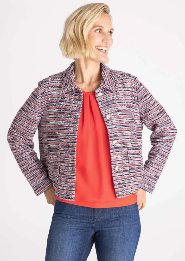 Bouclé-Blazer mit Glanzgarn - blau / rot / cremeweiss - Gr. 38 von Goldner Fashion