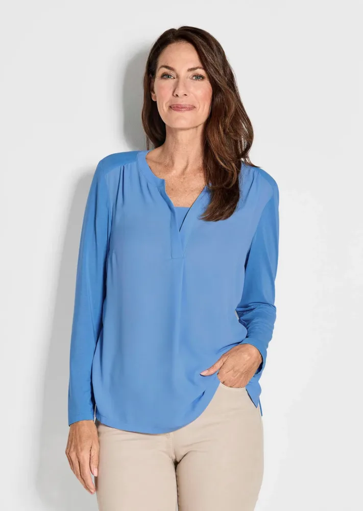Blusenshirt mit Chiffon-Einsatz - blau - Gr. 21 von Goldner Fashion