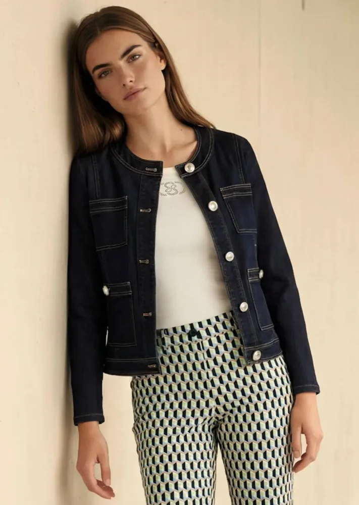 Feminine Jeansjacke ohne Kragen - dunkelblau - Gr. 44 von Goldner Fashion