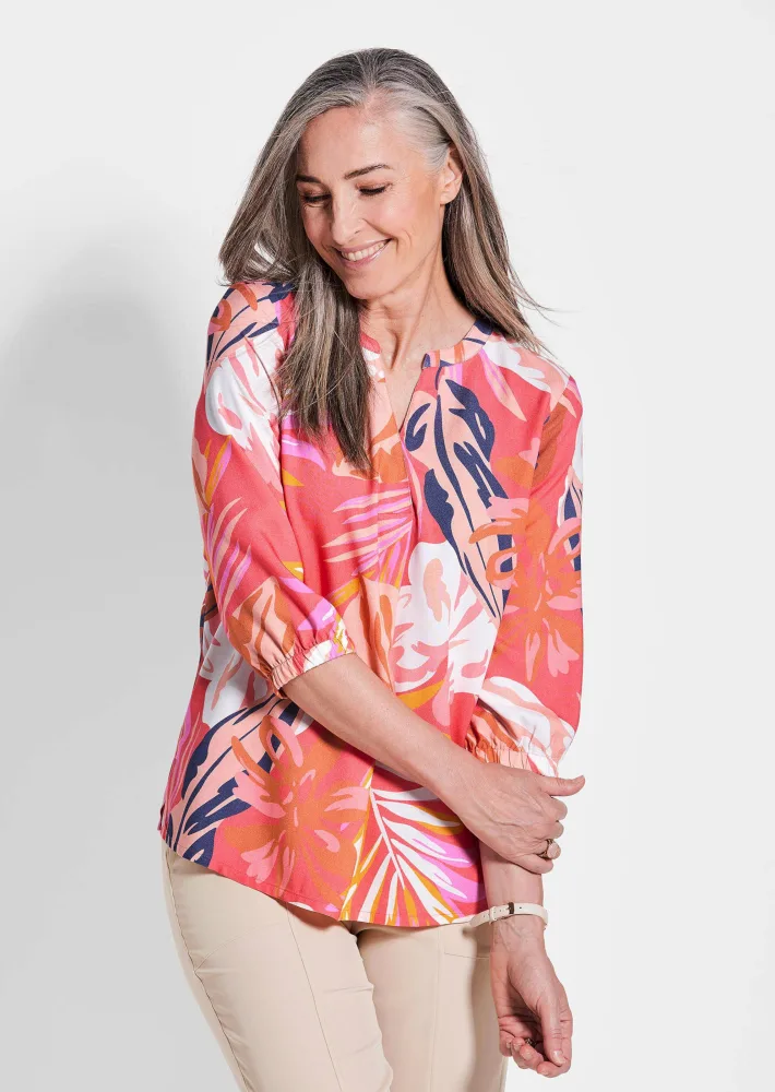 Druckbluse mit Gummibündchen - koralle / gemustert - Gr. 50 von Goldner Fashion
