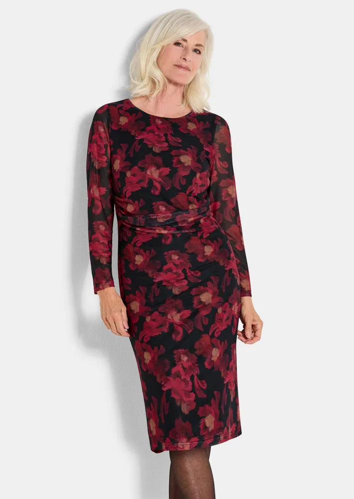 Kleid aus weichem Mesh - schwarz / rot / geblümt - Gr. 20 von Goldner Fashion