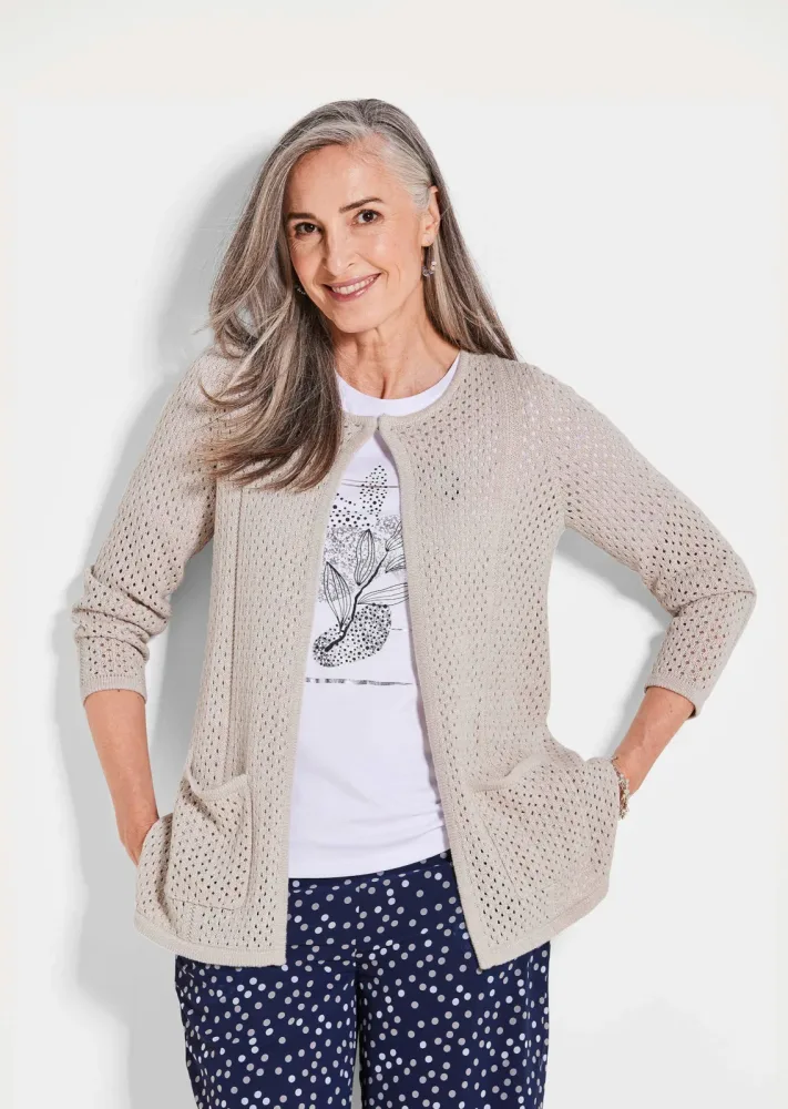 Strickjacke mit Lochmuster - stein - Gr. 20 von Goldner Fashion