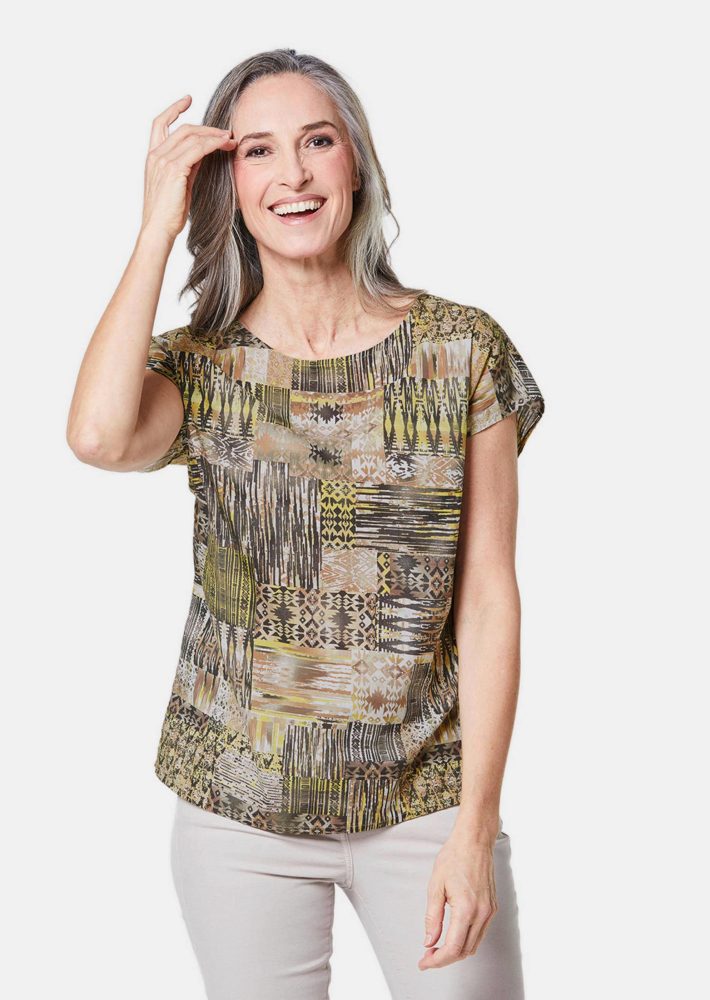 Ultraleichte Druckbluse aus reiner Baumwolle - taupe / gemustert - Gr. 21 von Goldner Fashion