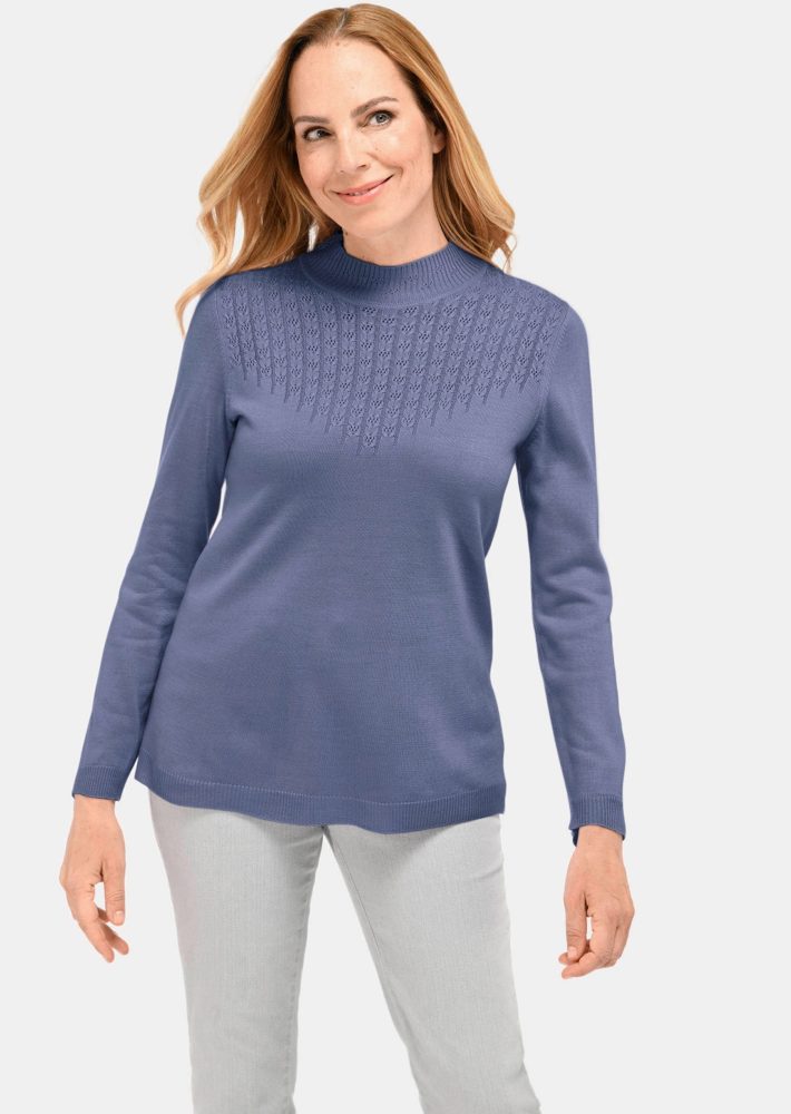 Zeitloser Ajour-Stehbundpullover - rauchblau - Gr. 40 von Goldner Fashion