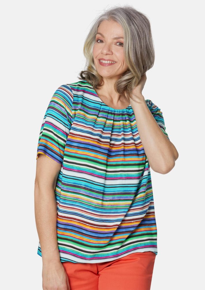 Farbbrillante Druckbluse mit liebevollen Details - bunt / geringelt - Gr. 19 von Goldner Fashion