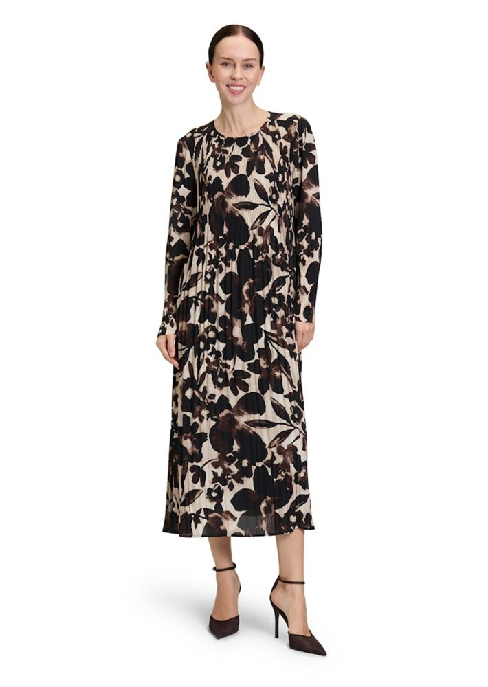 Plisseekleid mit hübschem Blütenprint - beige / braun - Gr. 38 von Goldner Fashion
