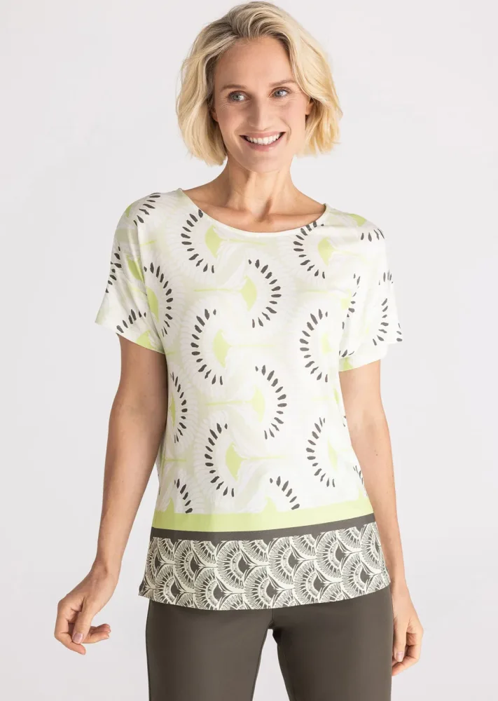 Jersey-Shirt mit breitem Rundhalsausschnitt - cremeweiss / hellgrün - Gr. 42 von Goldner Fashion
