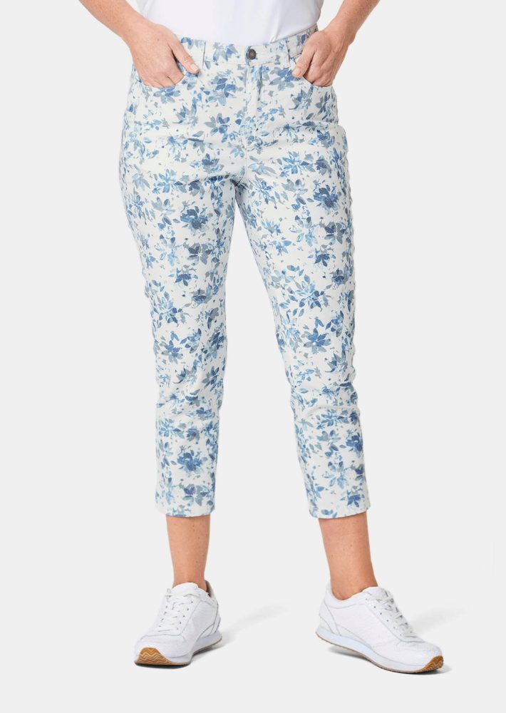 Druckhose mit ausgefallenem Blumenmuster - blau / grau / gemustert - Gr. 50 von Goldner Fashion