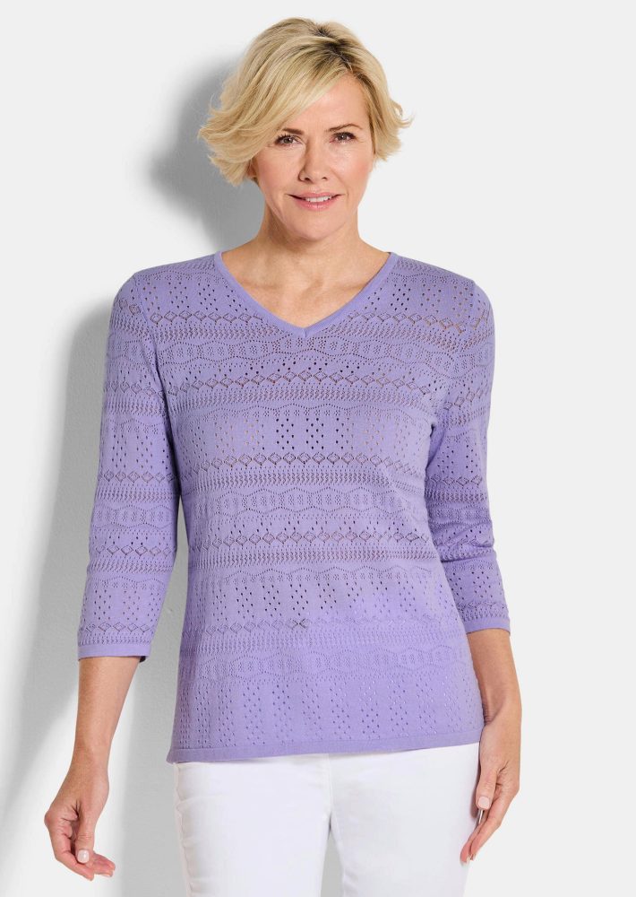 Leichter Strickpullover mit Ajourmuster - flieder - Gr. 50 von Goldner Fashion