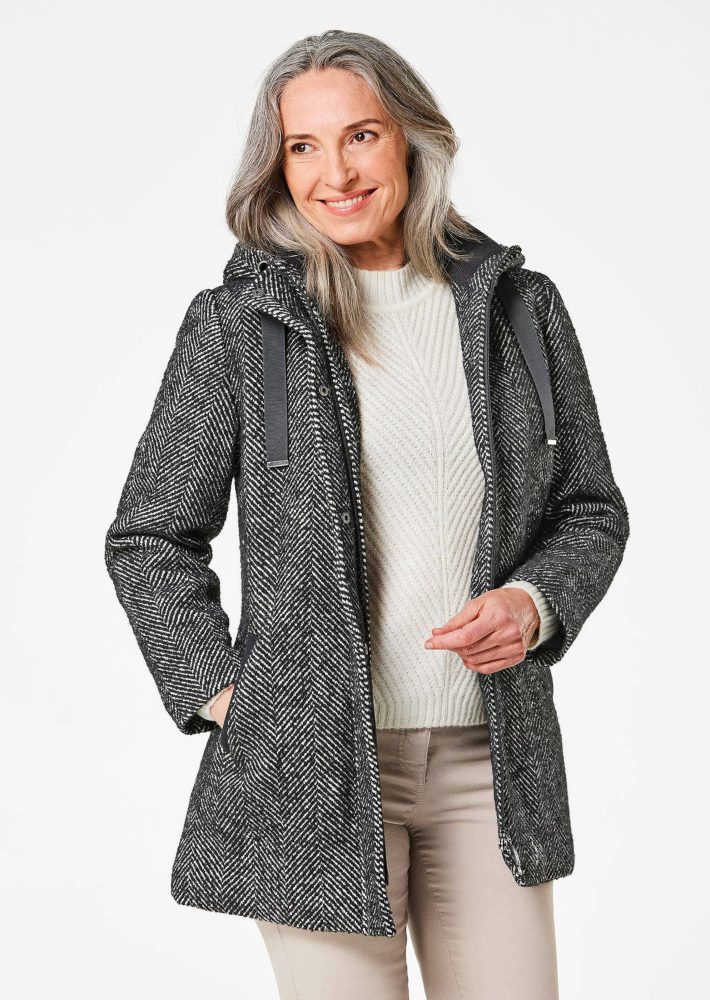 Kurzmantel im Fischgrätmuster mit Kapuze - schwarz / weiss - Gr. 20 von Goldner Fashion