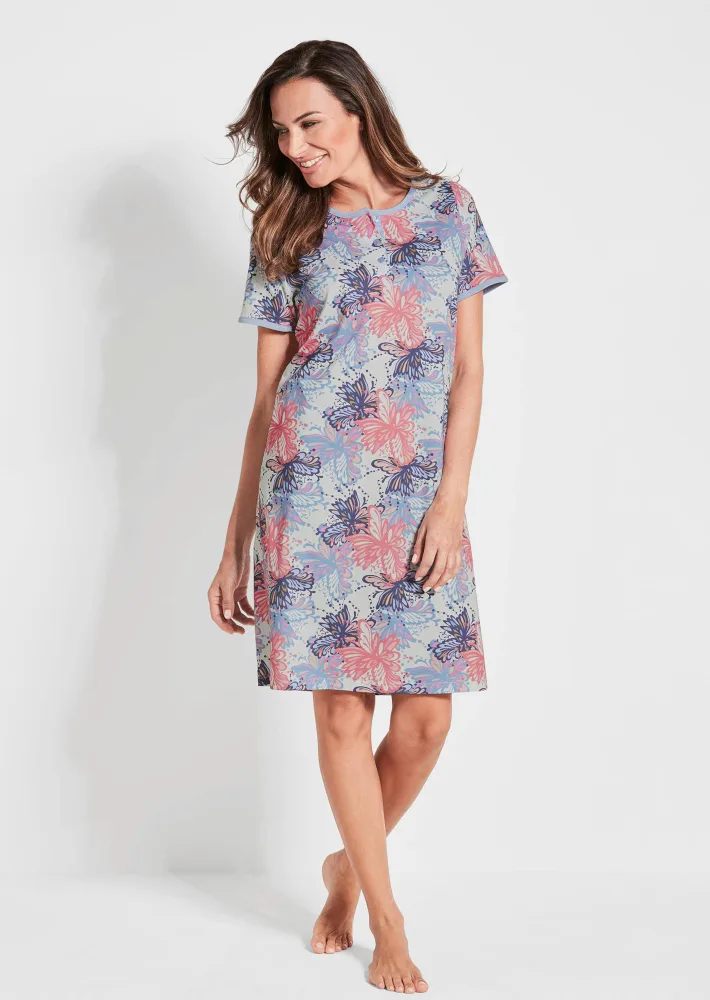 Baumwoll-Nachthemd mit Halbarm - hellblau / koralle / gemustert - Gr. 18/19 von Goldner Fashion