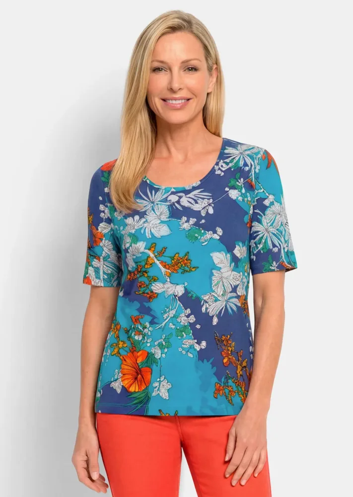 Shirt aus softer Baumwollmischung - blau / orange / gemustert - Gr. 38 von Goldner Fashion