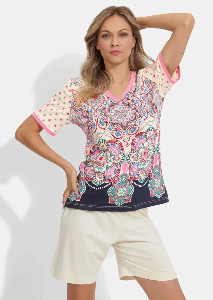 Shorty-Set mit sommerlichem Druck - bunt / cremeweiss - Gr. 36/38 von Goldner Fashion