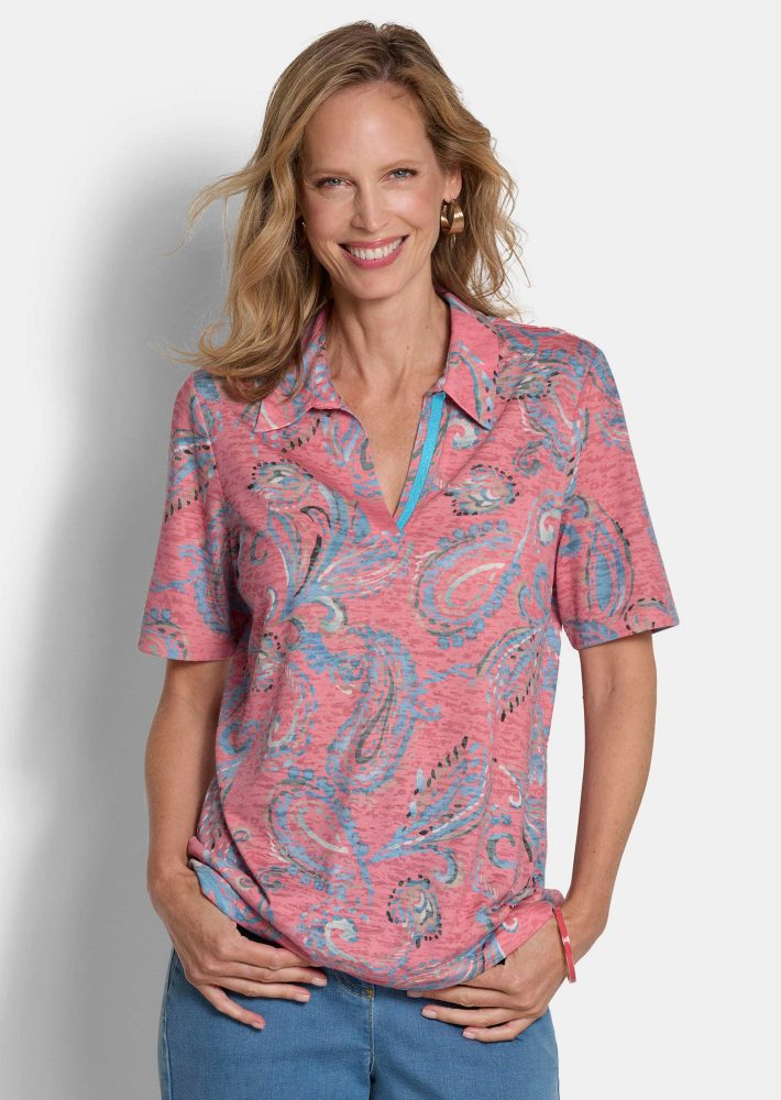 Ausbrenner-Shirt mit Polokragen - koralle / gemustert - Gr. 24 von Goldner Fashion